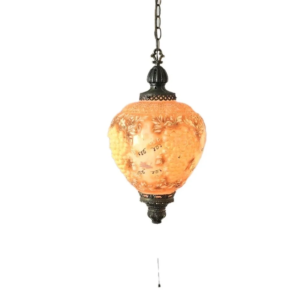 Vintage Mid-Century Hanging Swag Lamp Grape Pattern Glass Globe 25″‎ Pull Chain